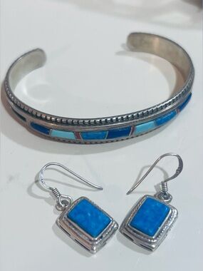 Native American Sterling Silver Turquoise Inlay Cuff Bracelet & Earrings Set